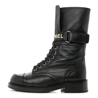 Chanel Shiny Calfskin Lace Up Combat Boots 37 Black 1 of 10