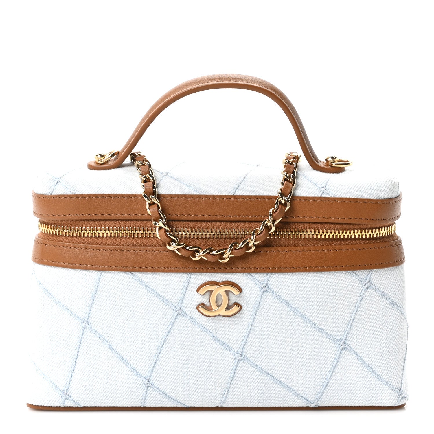 Chanel Washed Denim Calfskin Quilted Top Handle Slim Vanity Case With Chain Blue Brown 1 of 11