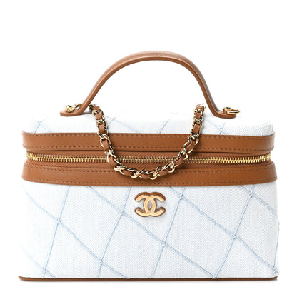 Chanel Washed Denim Calfskin Quilted Top Handle Slim Vanity Case With Chain Blue Brown 1 of 11
