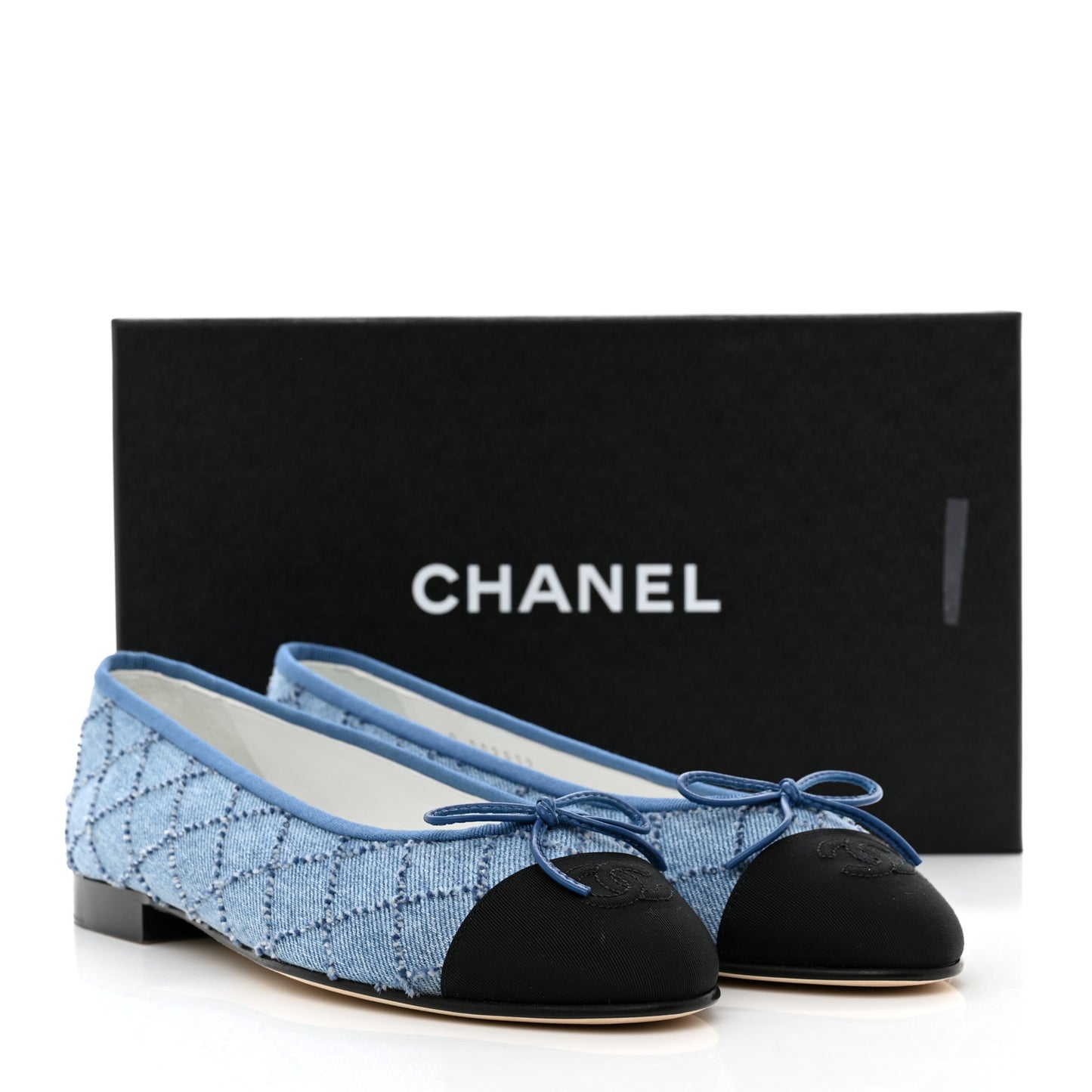 Denim Quilted Grosgrain Cap Toe Ballerina Flats 39.5 Dark Blue Black