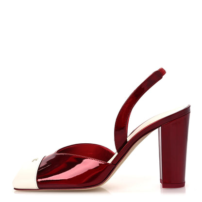 Chanel Laminated Calfskin Lambskin Cap Toe CC Slingback Pumps 39 Red Ivory 1 of 11