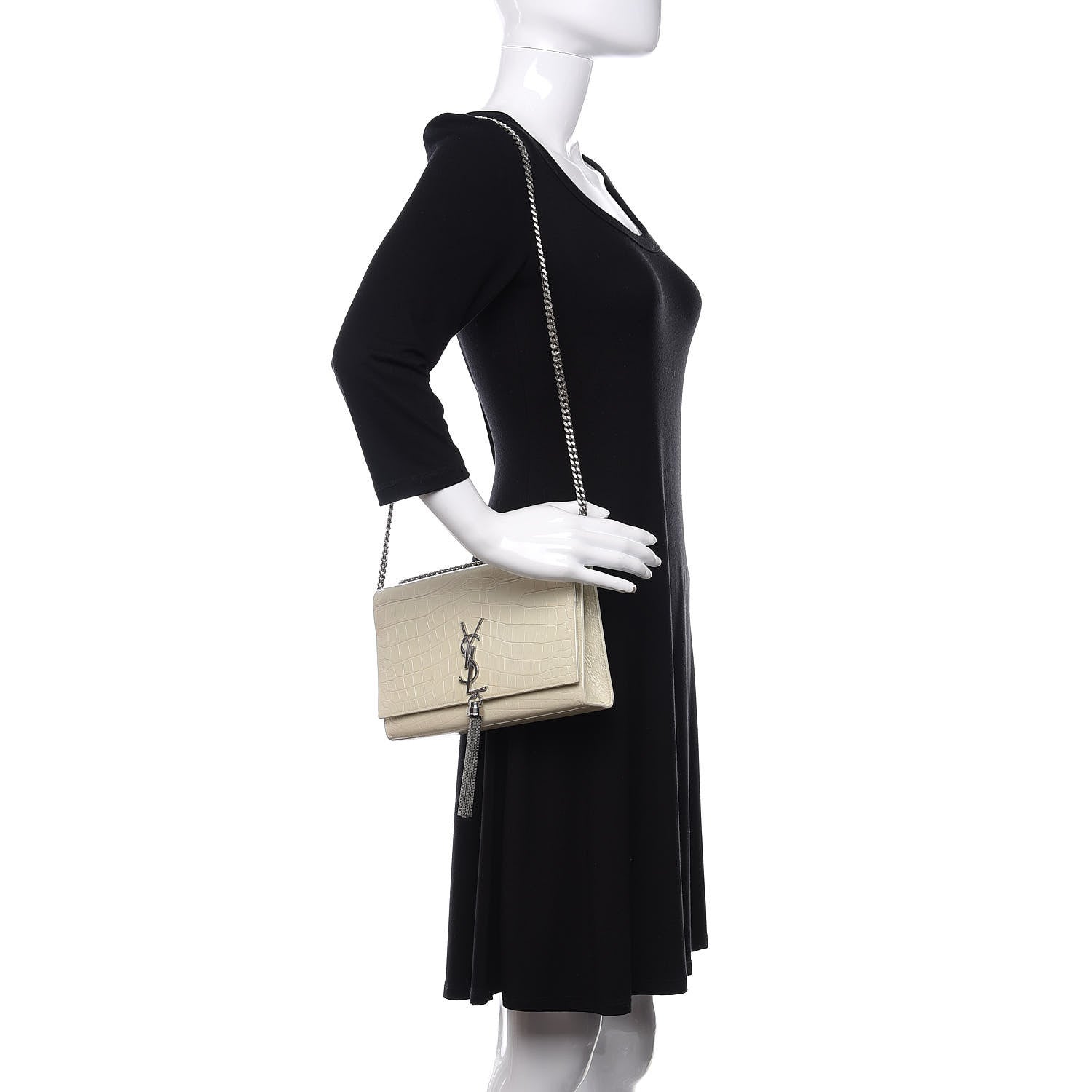 Saint Laurent Calfskin Crocodile Embossed Medium Classic Monogram Kate Tassel Satchel White 2 of 9