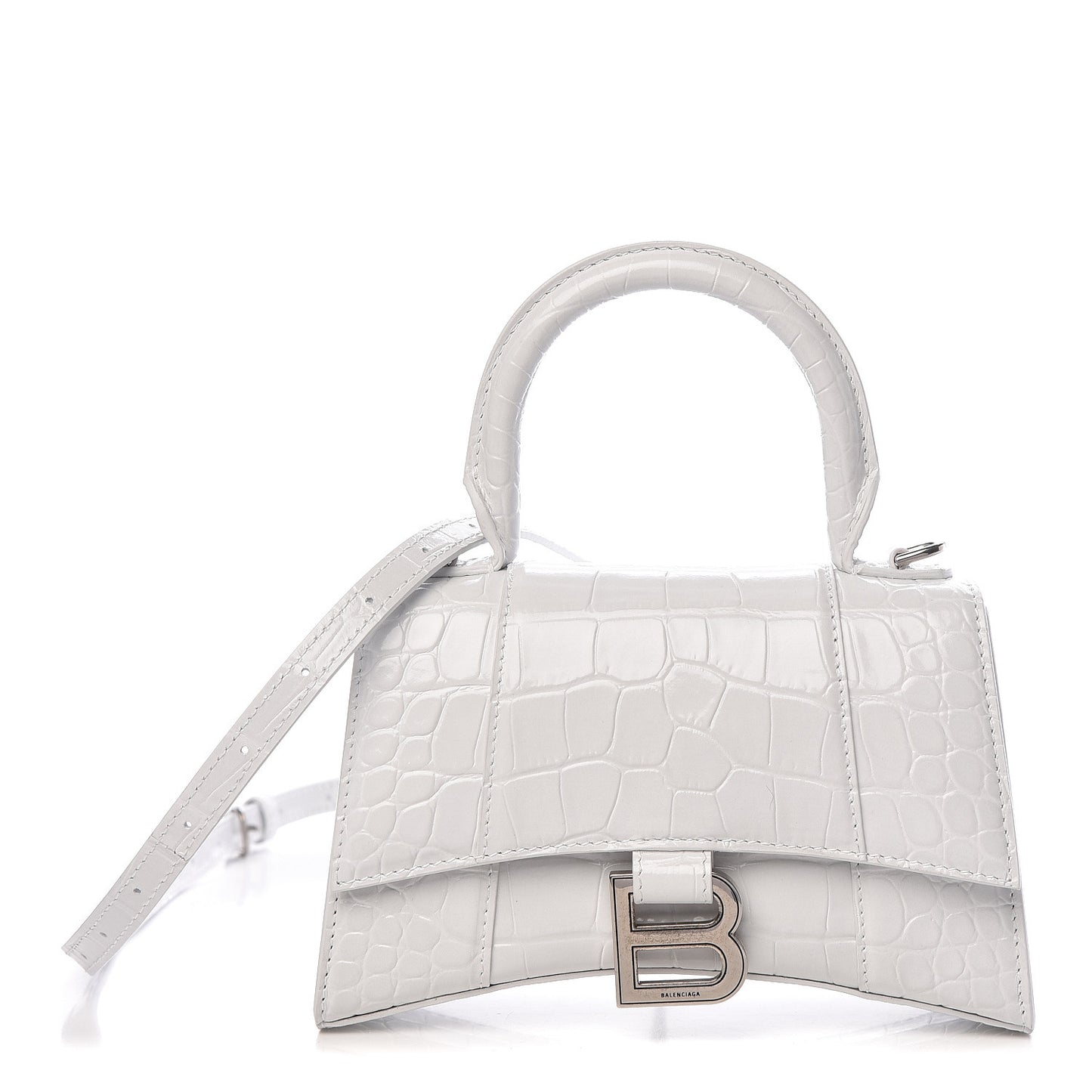 Shiny Calfskin Crocodile Embossed Hourglass Top Handle Bag XS White