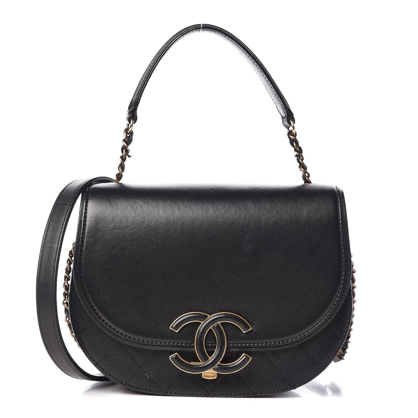 Shiny Calfskin Goatskin Quilted Small Coco Curve Messenger Flap Black