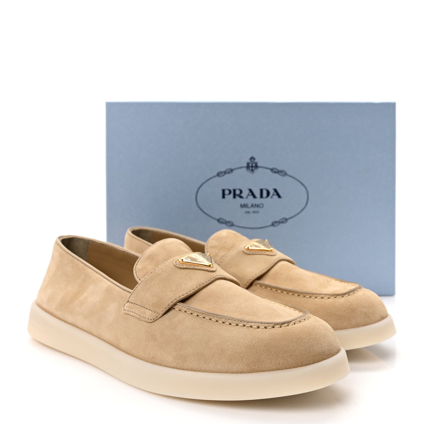 Vitello Scamosciato Metal Triangle Logo Saint Tropez 25mm Loafers 40 Ecru
