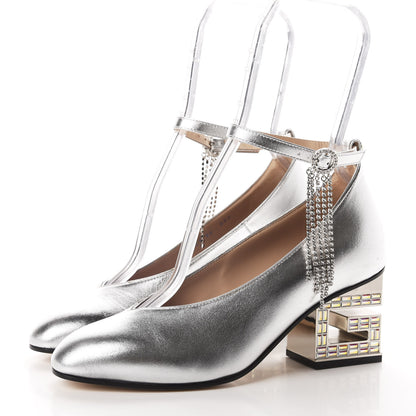 Gucci Metallic Nappa Crystal Square G Mid Heel Pumps 36 Silver 3 of 12