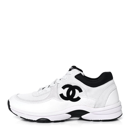Chanel Mesh Suede Calfskin Grained Calfskin Womens CC Sneakers 39 White Black 1 of 10