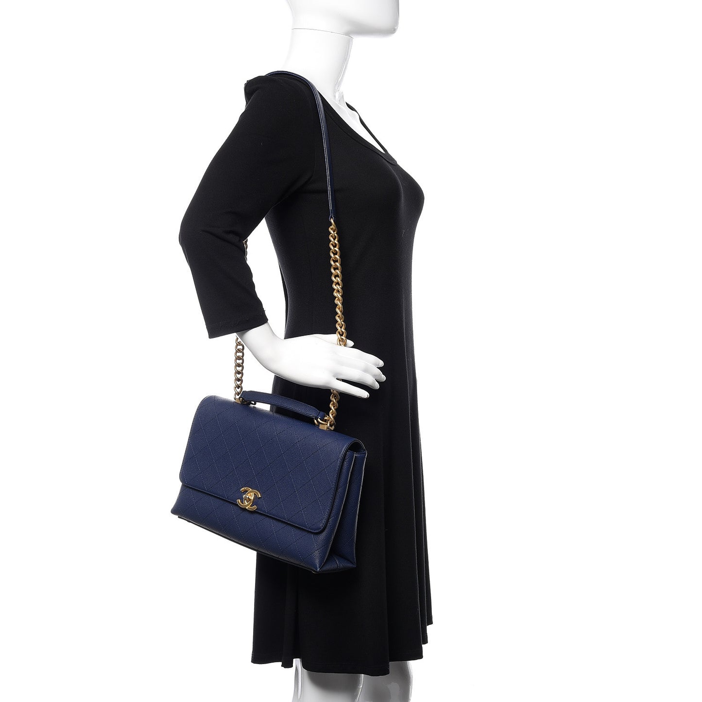 Grained Calfskin Stitched Flap Navy Blue