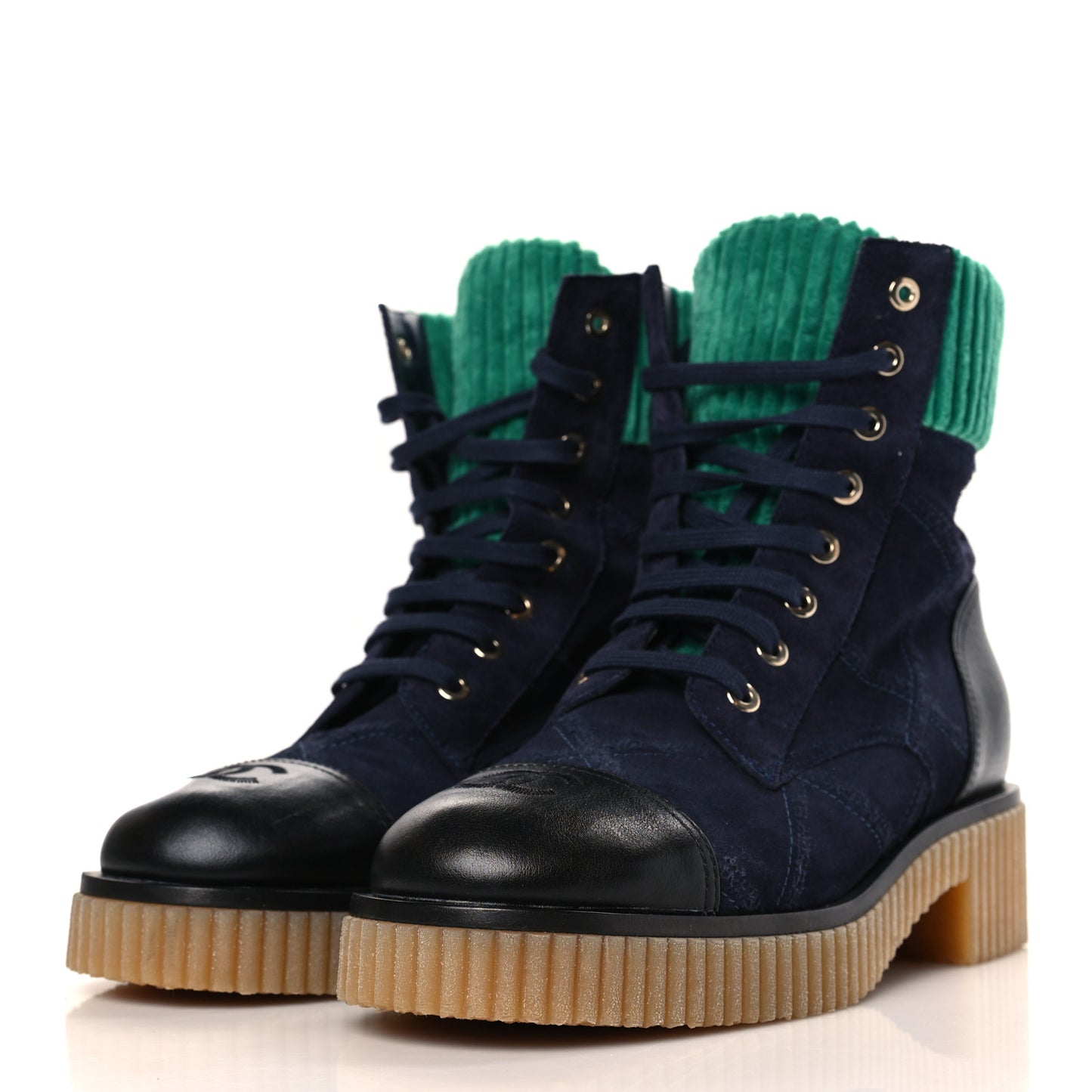 Suede Calfskin Velvet Quilted CC Combat Boots 38 Navy Green Black
