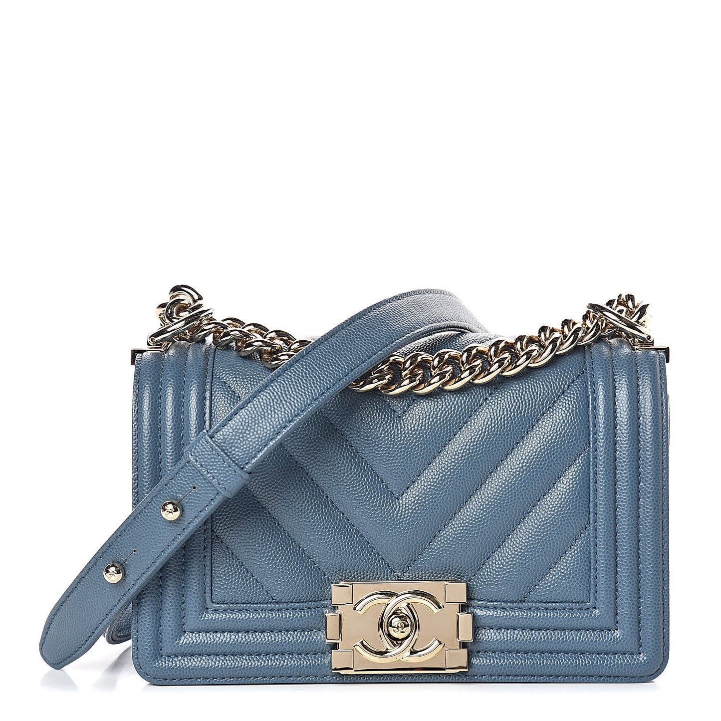 Caviar Chevron Quilted Small Boy Flap Blue