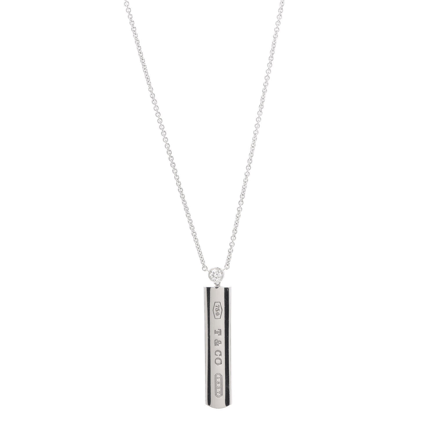 Tiffany 18K White Gold Diamond 1837 Bar Pendant Necklace 1 of 5