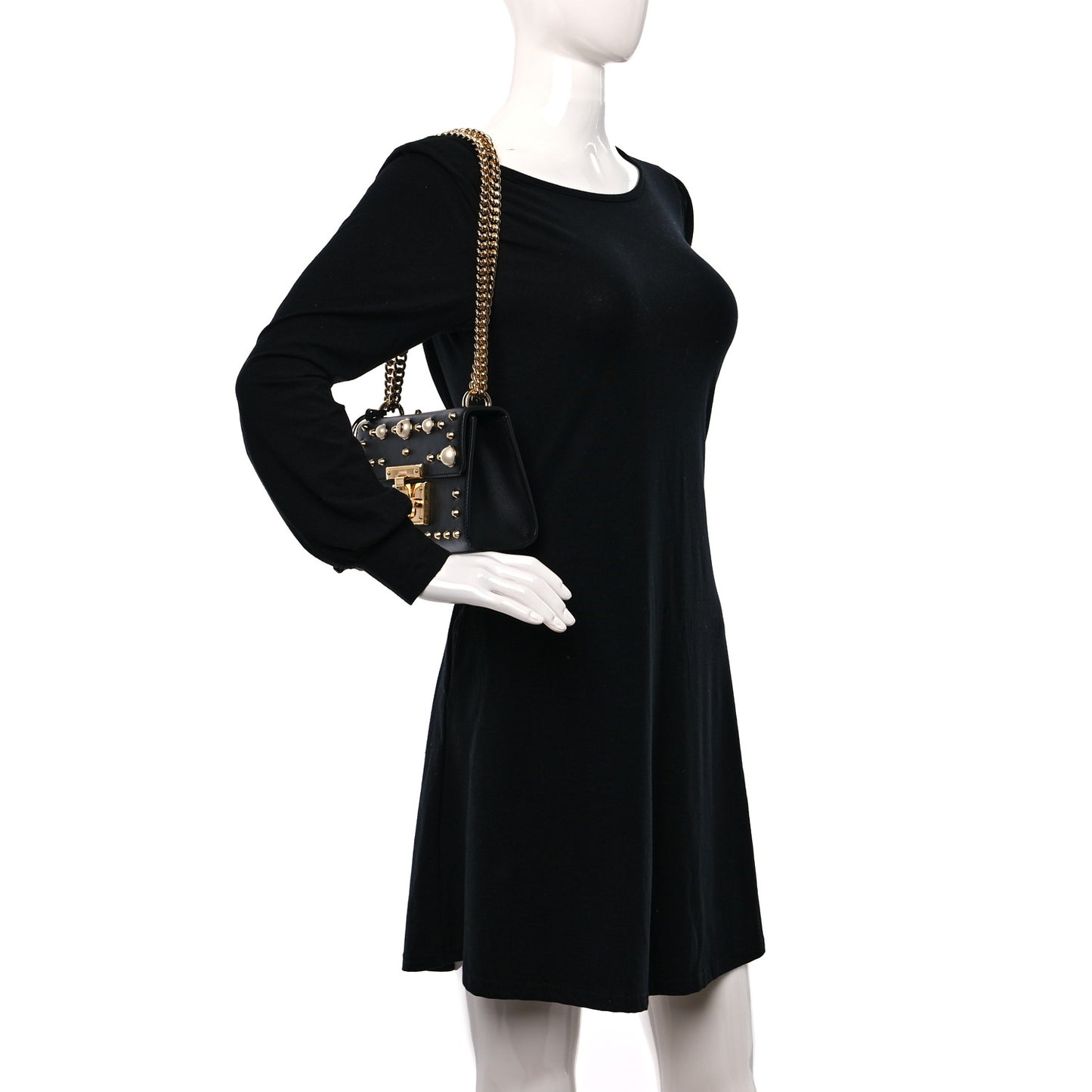 Calfskin Studded Small Padlock Shoulder Bag Black