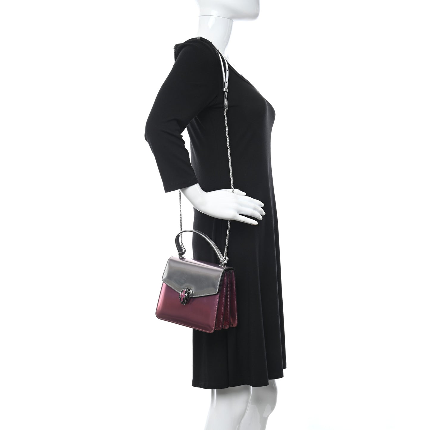 Metallic Calfskin Contrast Serpenti Forever Top Handle Silver Pink