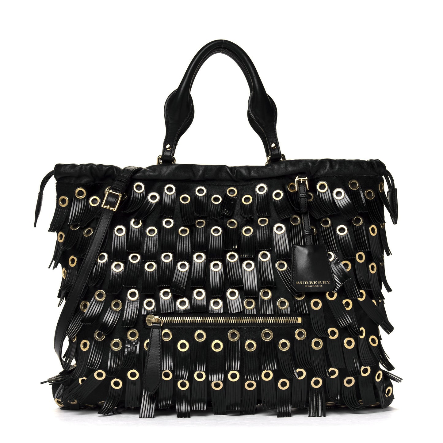 Calf Hair Patent Grommet Fringe Big Crush Tote Black