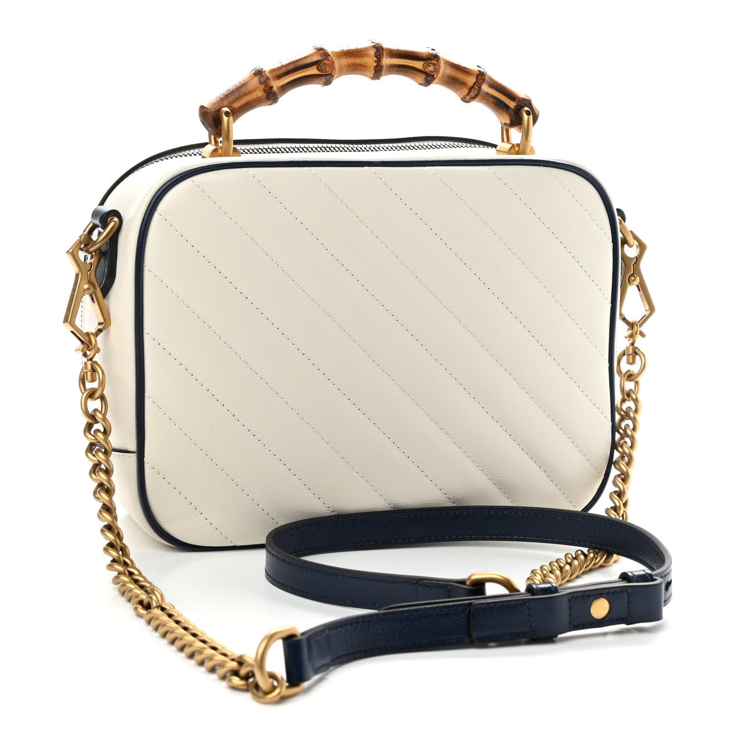Gucci Vintage Effect Calfskin Matelasse Diagonal Small Torchon GG Marmont Bamboo Top Handle Shoulder Bag Mystic White Blue Agata 3 of 9