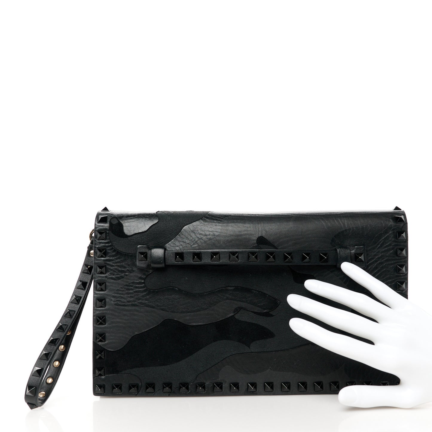 Nappa Canvas Camouflage Rockstud Wristlet Clutch Black