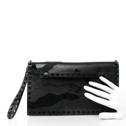 Valentino Garavani Nappa Canvas Camouflage Rockstud Wristlet Clutch Black 2 of 8