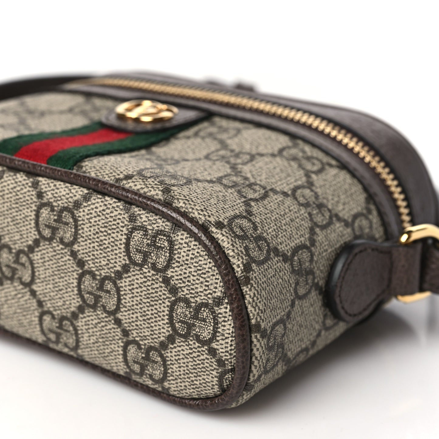 GG Supreme Monogram Textured Calfskin Web Mini Ophidia Top Handle Bag Beige Ebony New Acero