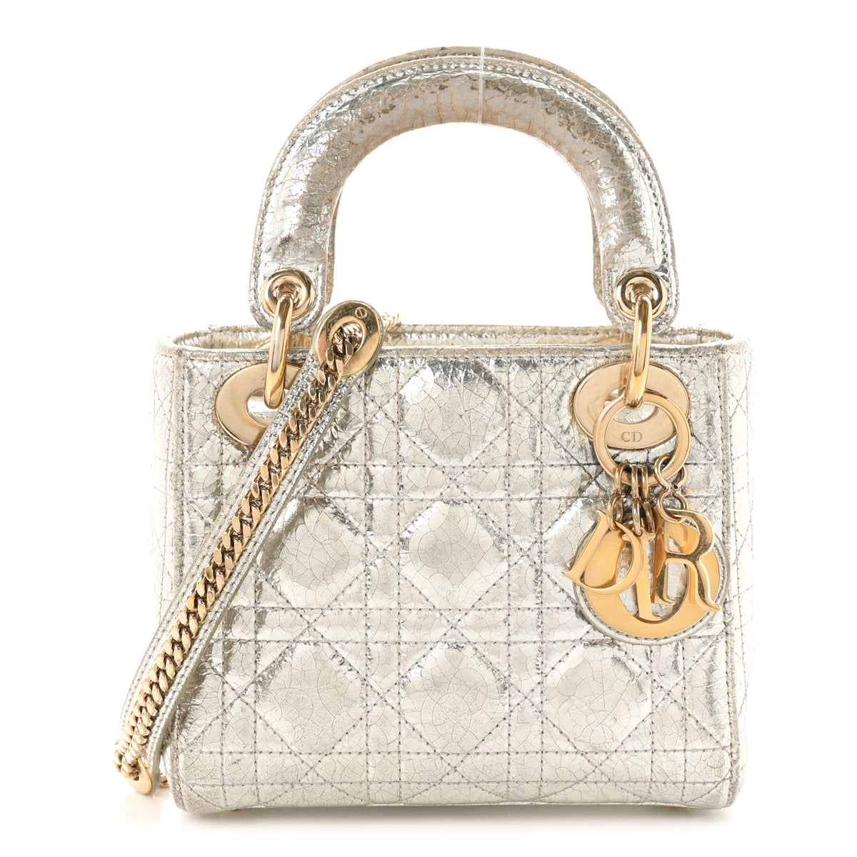 Metallic Crinkled Lambskin Cannage Mini Lady Dior Silver