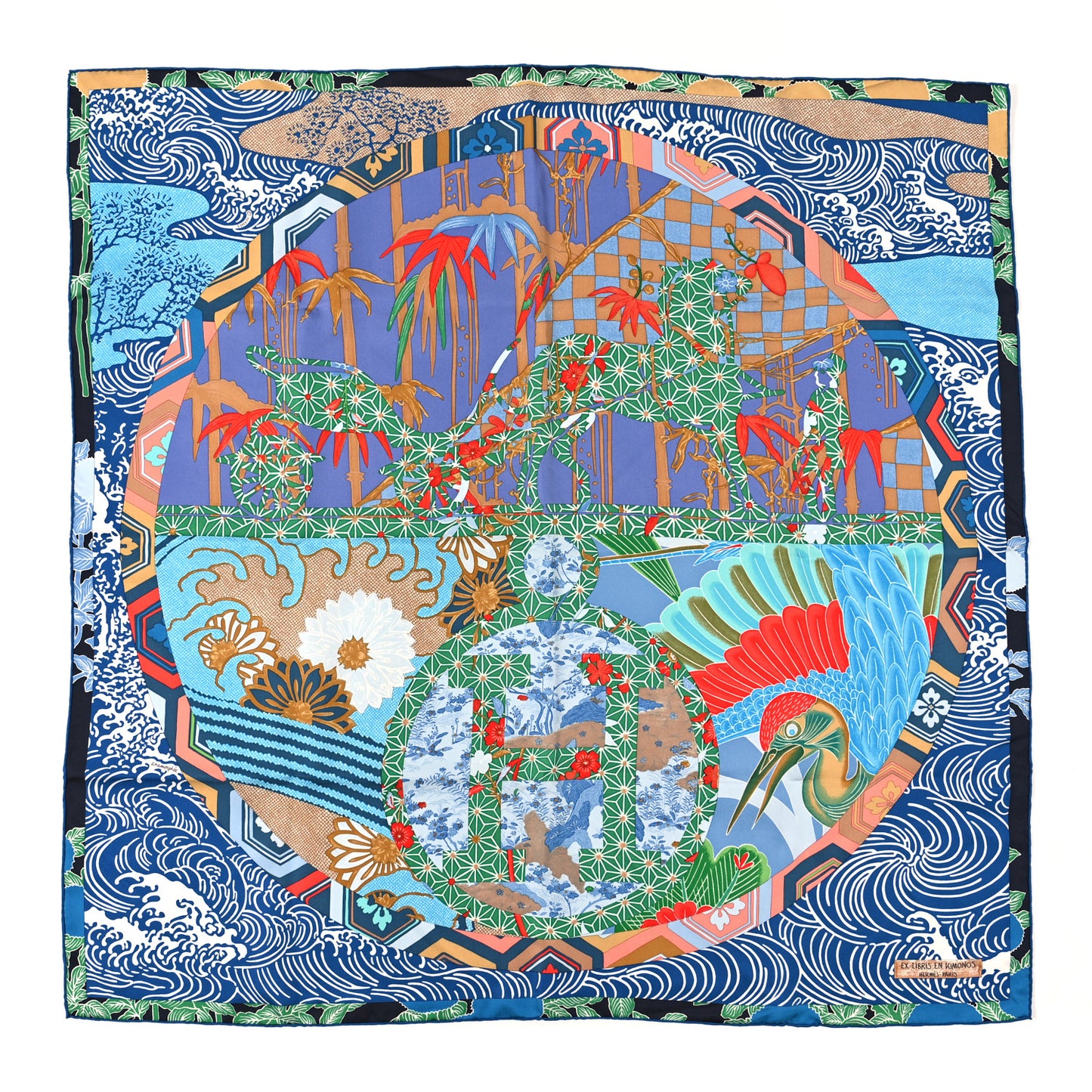 Silk Ex Libris En Monogram Kimonos Scarf 90 Bleu Parme Rouge