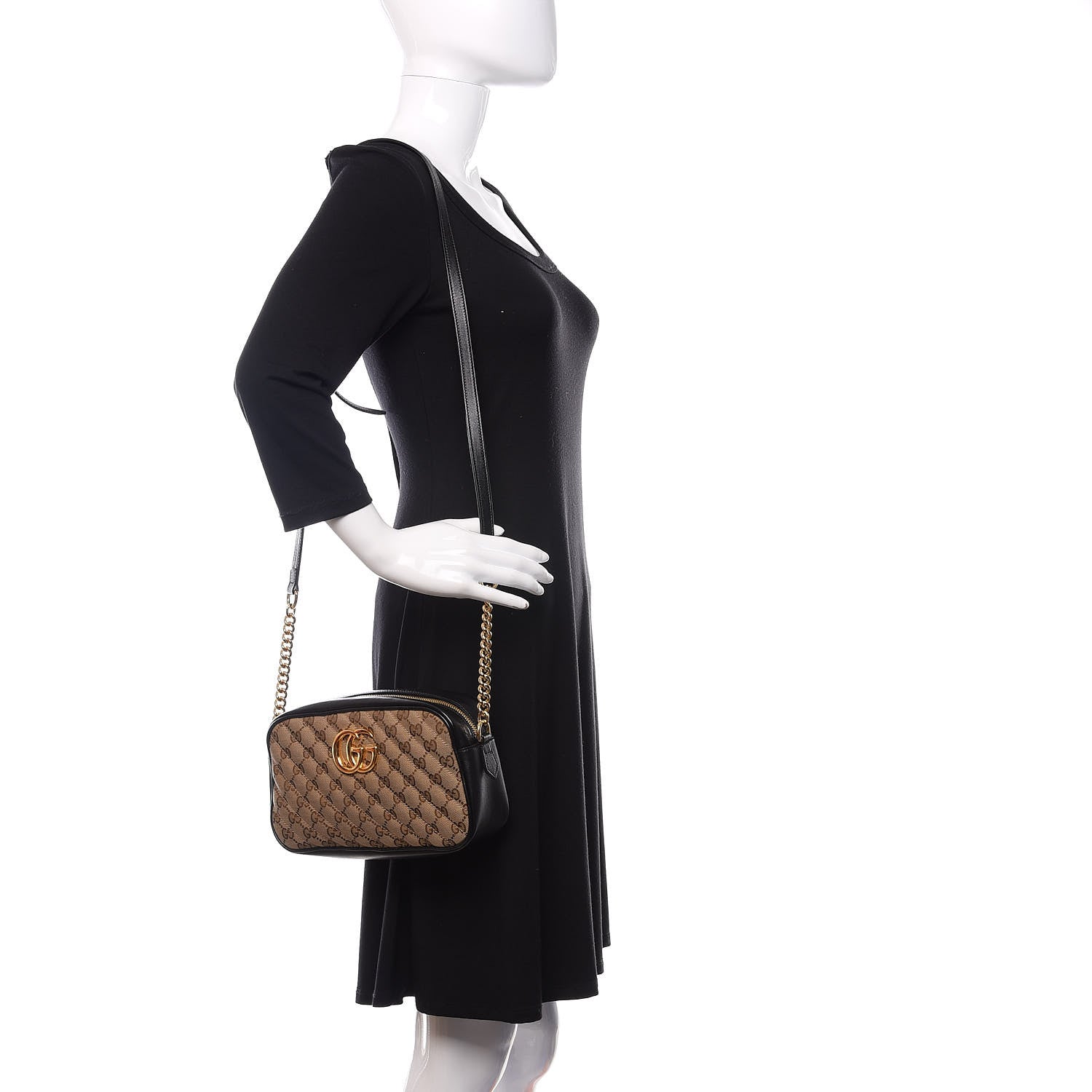 Gucci Monogram Matelasse Diagonal Small GG Marmont Chain Shoulder Bag Beige Black 2 of 9