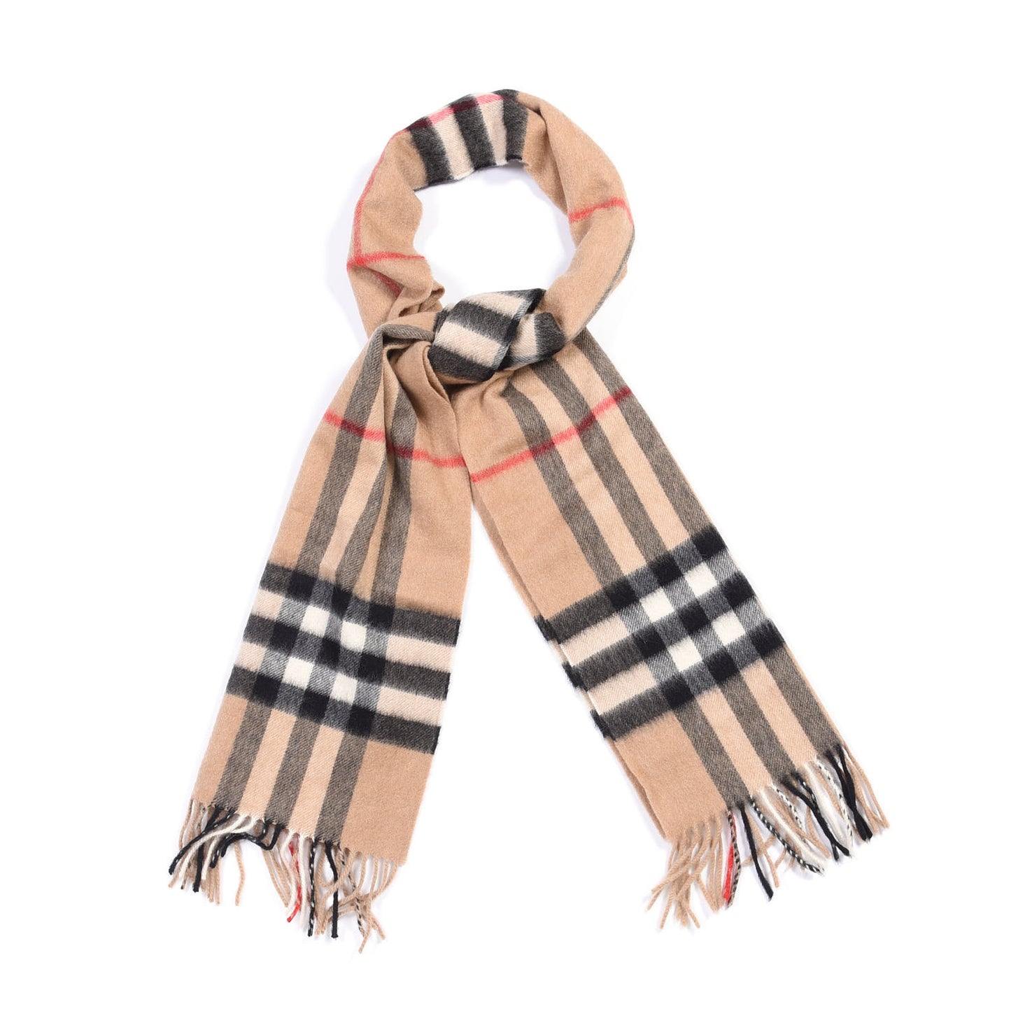 Cashmere Giant Check Fringe Scarf Camel