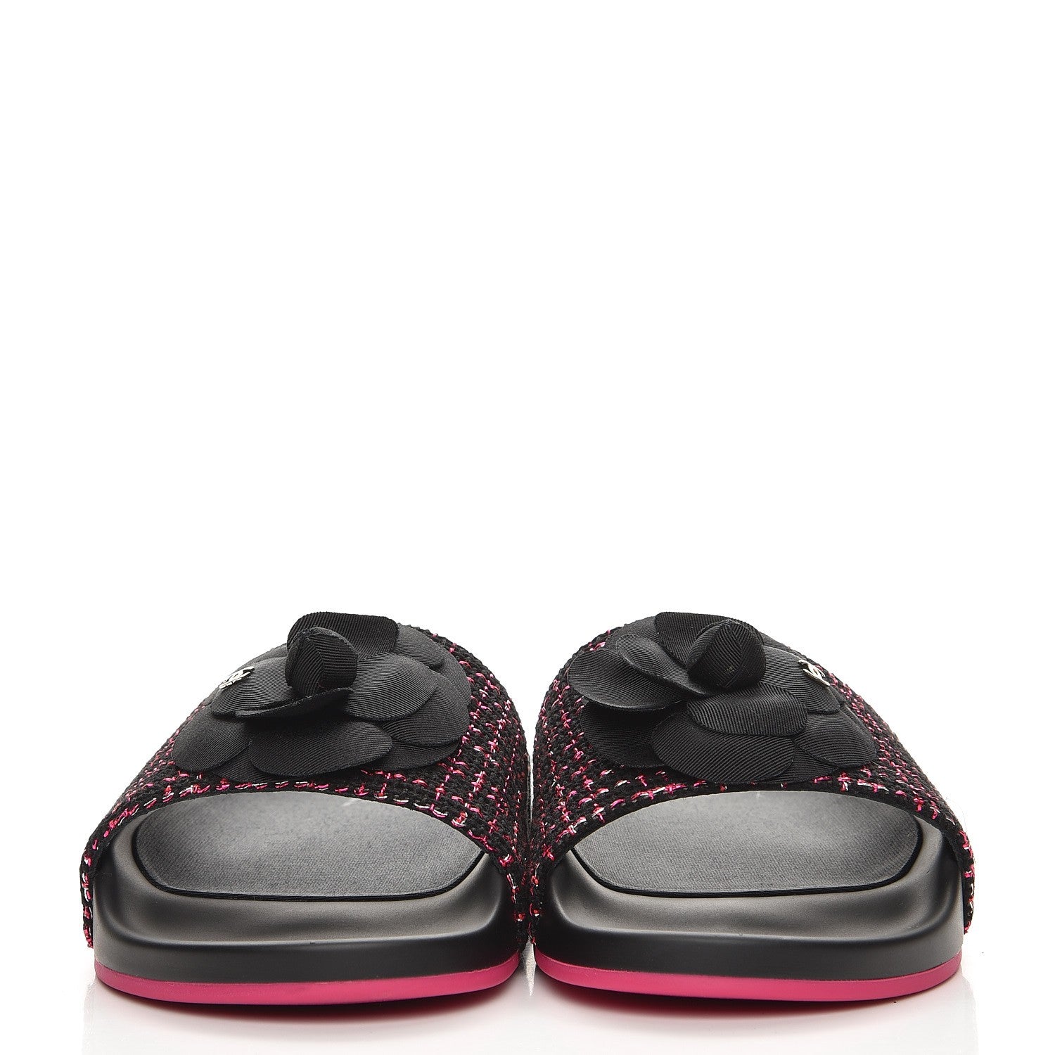 Chanel Tweed Grosgrain Camellia CC Flat Mules 39 Black Pink 2 of 9