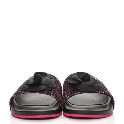Chanel Tweed Grosgrain Camellia CC Flat Mules 39 Black Pink 2 of 9