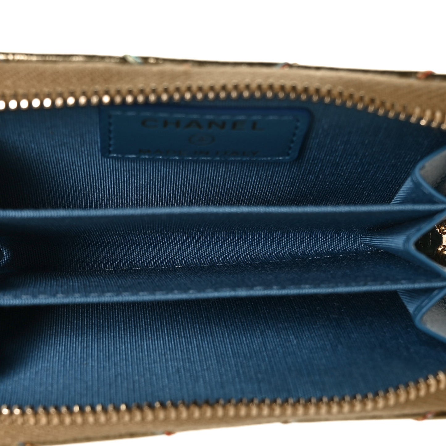 Metallic Aged Calfskin Chevron Quilted Multicolor Stitch Zip Around Coin Purse Gold