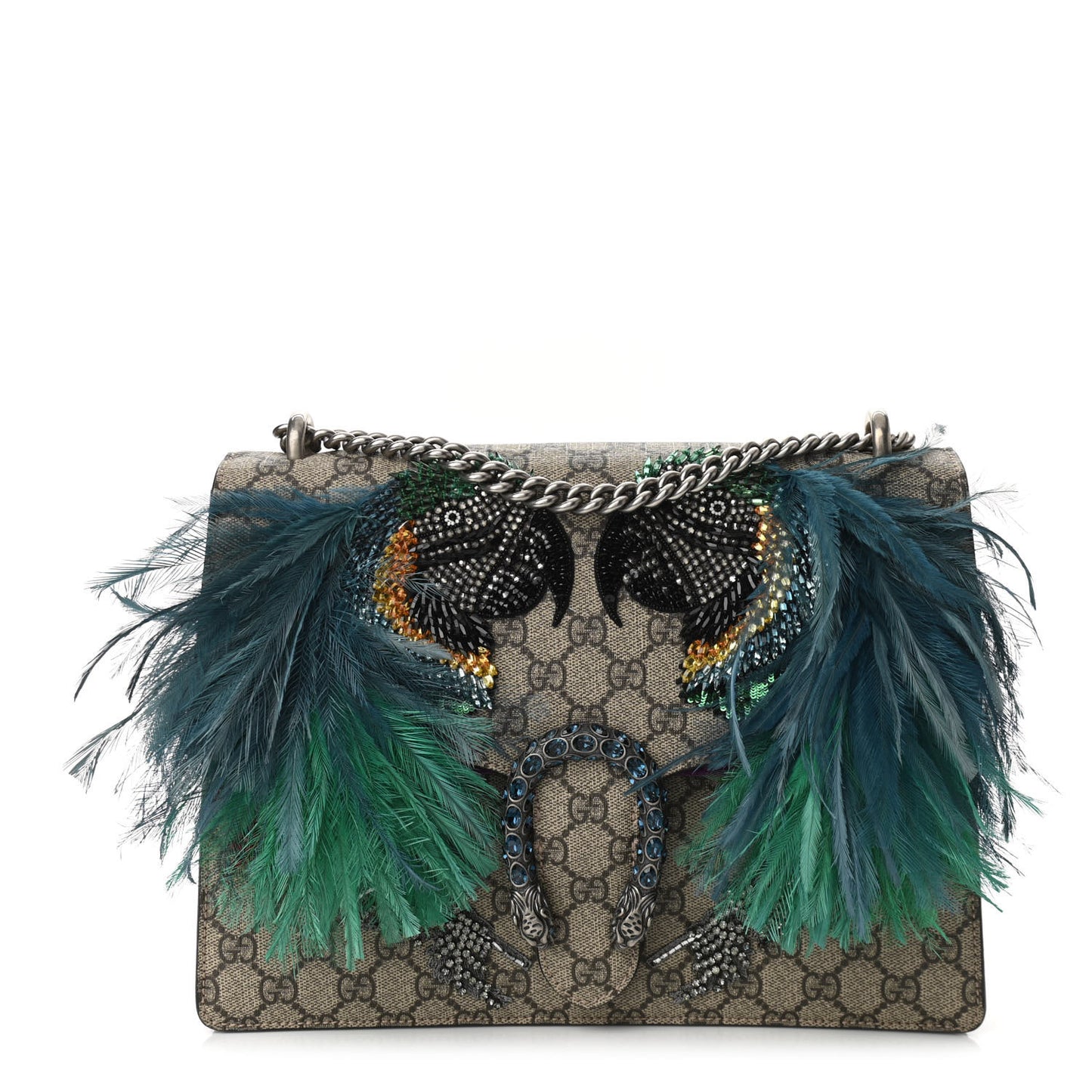 GG Supreme Monogram Feather Embroidered Medium Dionysus Parrot Shoulder Bag Beige Multicolor