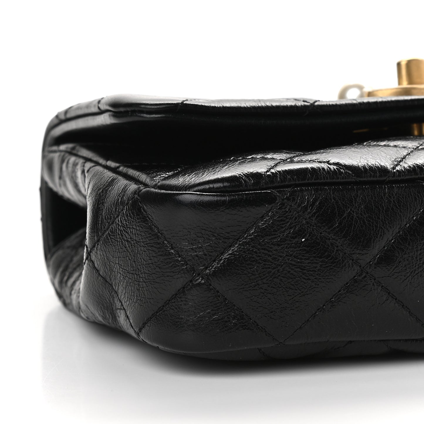 Glazed Calfskin Quilted Mini Pearl Side Flap Black