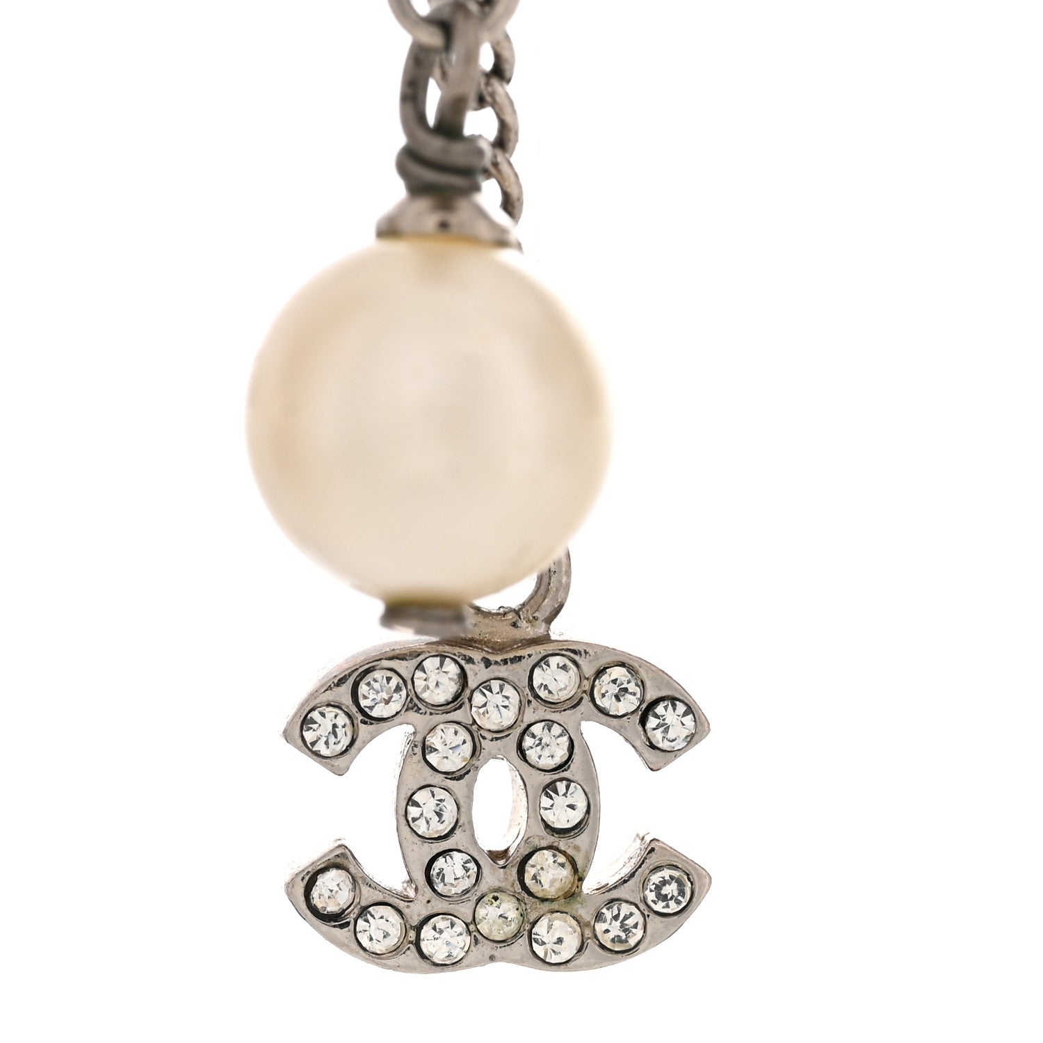 Chanel Crystal Pearl CC Drop Chain Earrings Silver 5 of 5