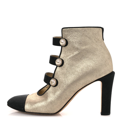 Chanel Metallic Calfskin Grosgrain Cap Toe Pearl Ankle Boots 37.5 Gold 1 of 14
