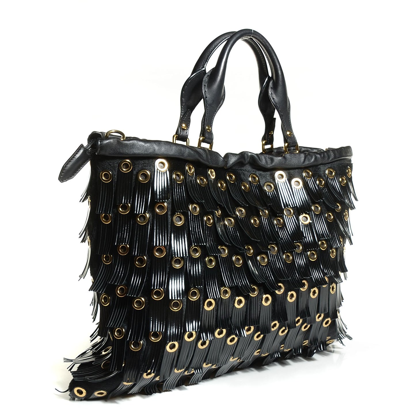 Calf Hair Patent Grommet Fringe Big Crush Tote Black
