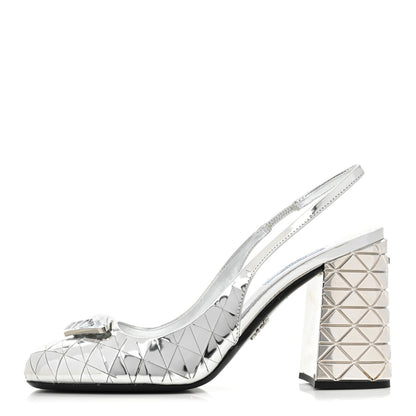 Prada Spazzolato Triangle Logo Slingback 90mm Pumps 38 Argento 1 of 9