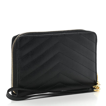Saint Laurent Grain De Poudre Matelasse Chevron Monogram Zip Around Wallet Black 3 of 14