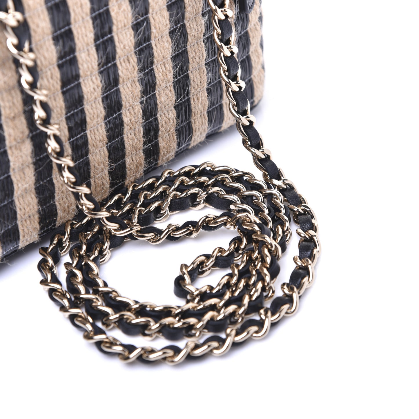 Raffia Jute Striped Small Vanity Case With Chain Black Beige