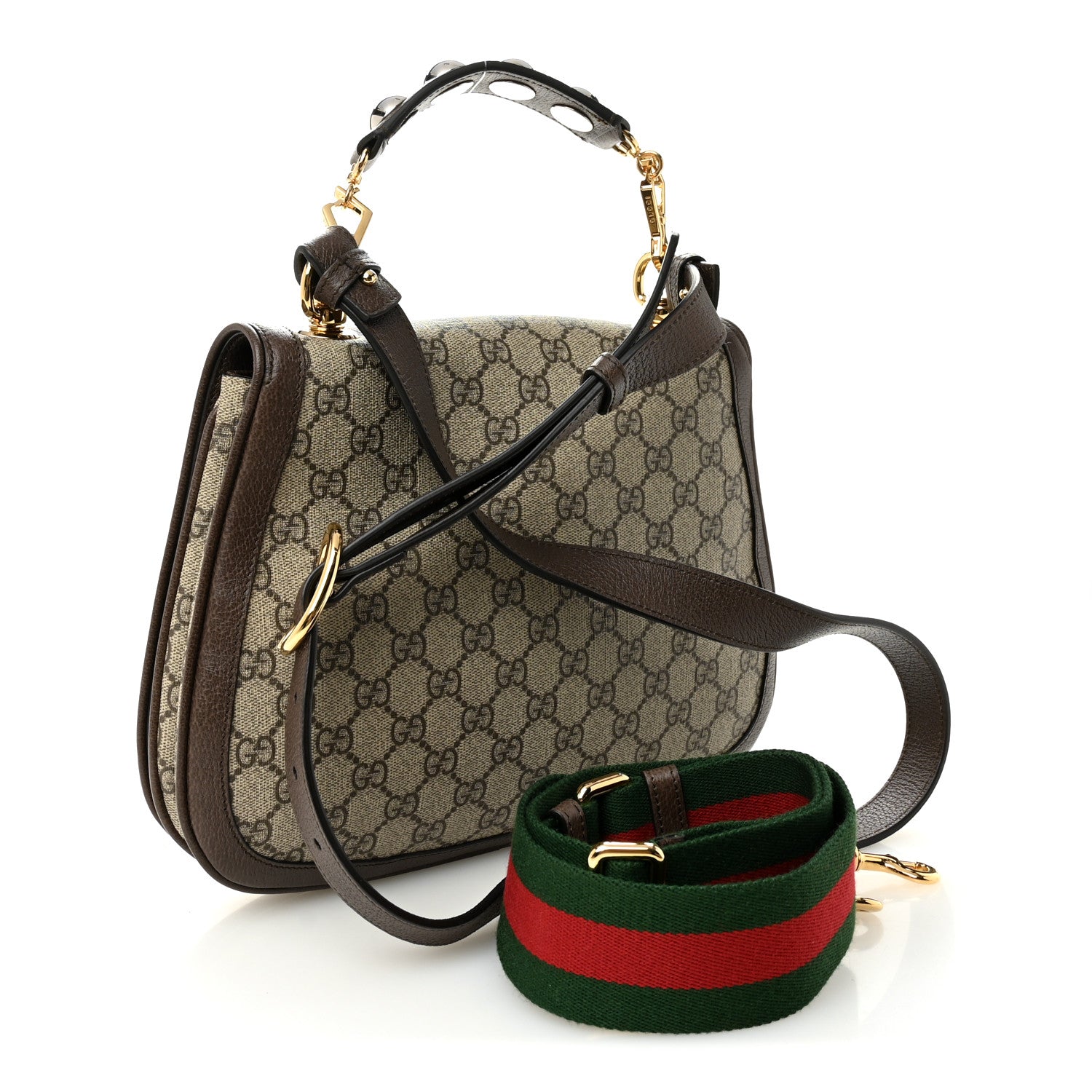 Gucci GG Supreme Monogram Textured Dollar Calfskin Web Medium Blondie Top Handle Shoulder Flap Bag Beige Ebony New Acero 3 of 11