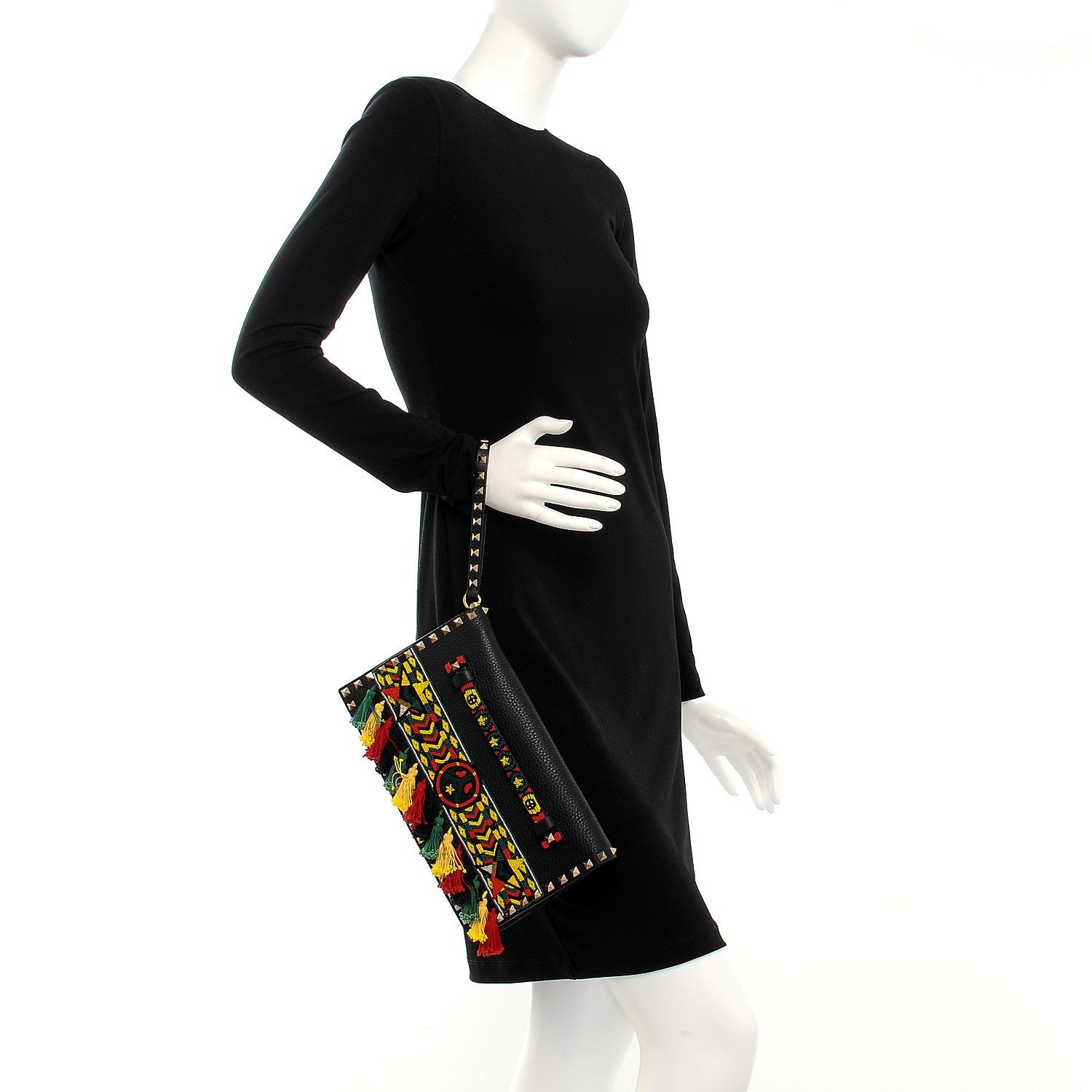 Valentino Garavani Pebbled Calfskin Beaded Ribbons Rockstud Wristlet Clutch Black 1 of 5