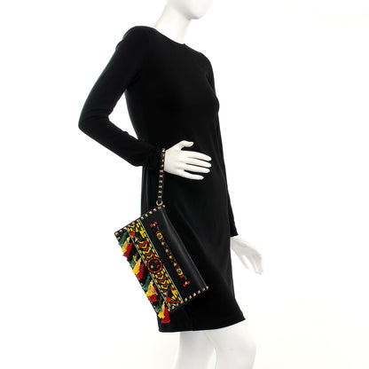 Valentino Garavani Pebbled Calfskin Beaded Ribbons Rockstud Wristlet Clutch Black 1 of 5