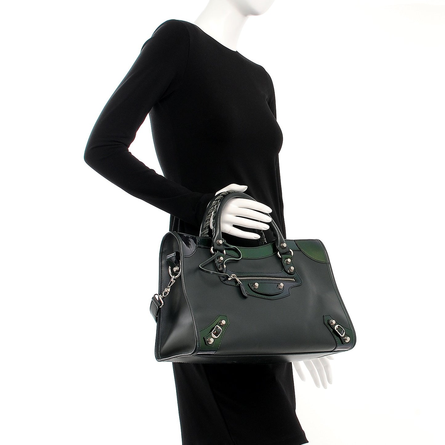 Smooth Calfskin Metallic Patent Giant 12 Silver Hardware City Vert Poker Fonce