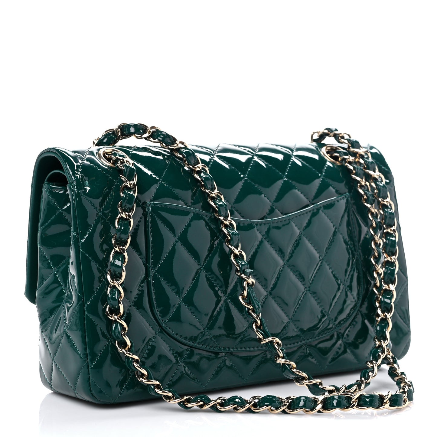 Patent Calfskin Quilted Medium Double Flap Green