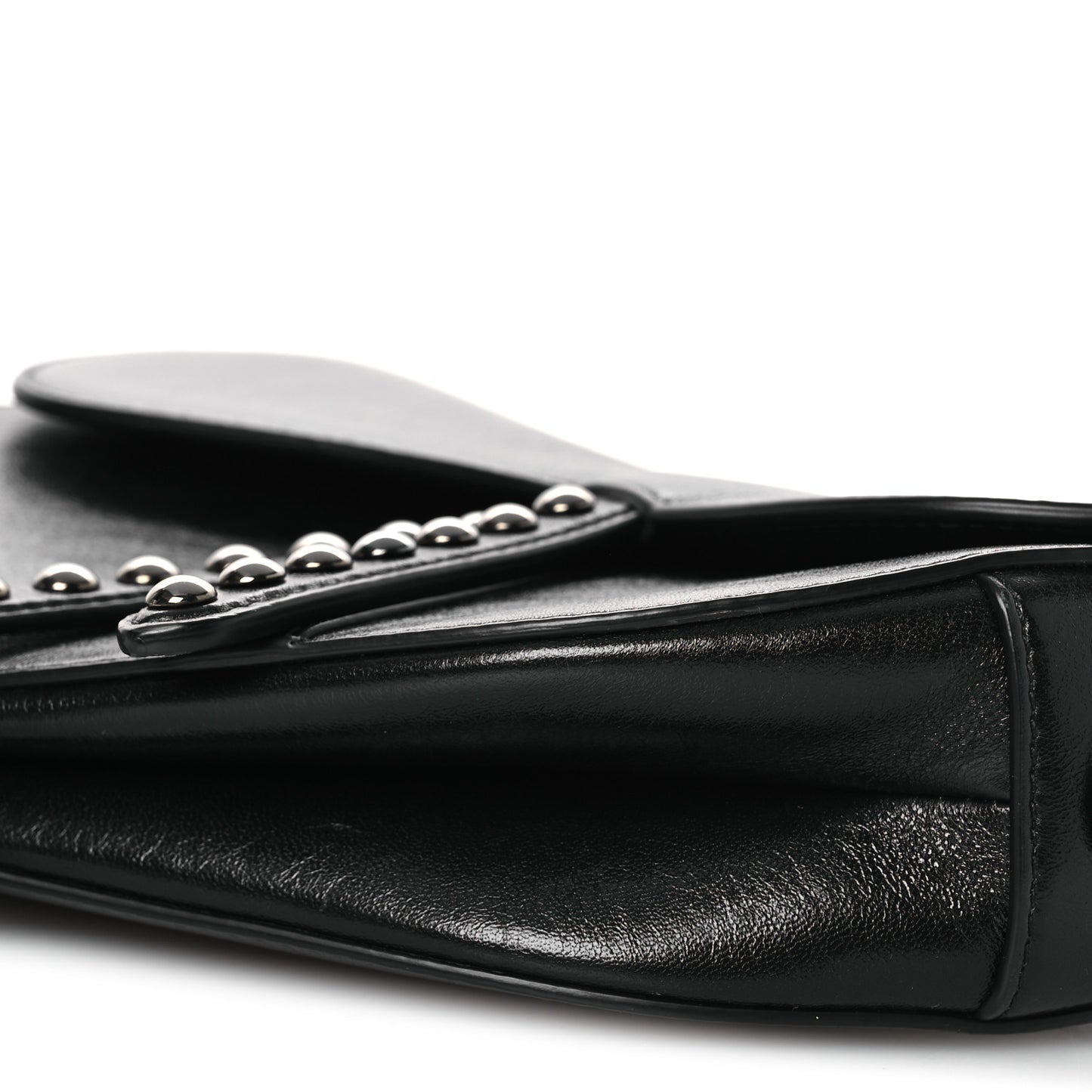 Shiny Crinkled Calfskin Studded Saddle Bag Black