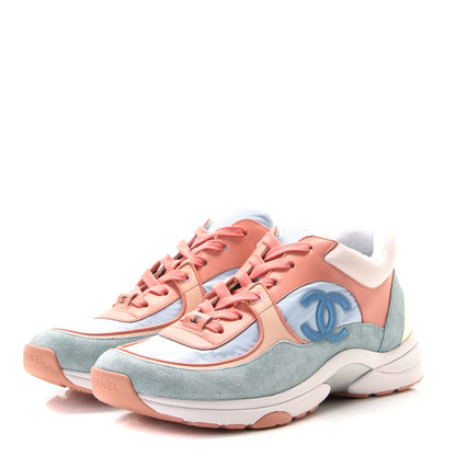 Chanel Nylon Lambskin Suede Calfskin CC Sneakers 41 Coral Light Blue White 2 of 7