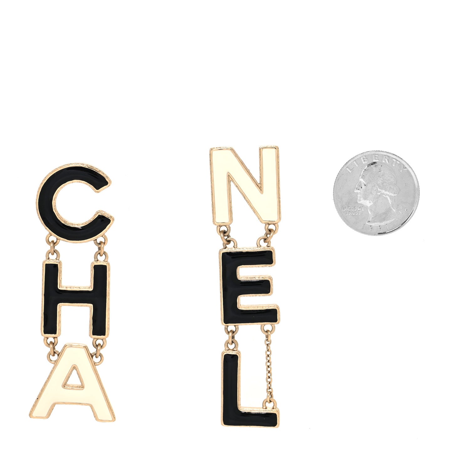 Metal Enamel Cha-Nel Logo Drop Earrings Black White