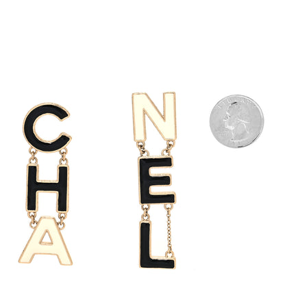 Chanel Metal Enamel Cha-Nel Logo Drop Earrings Black White 2 of 4