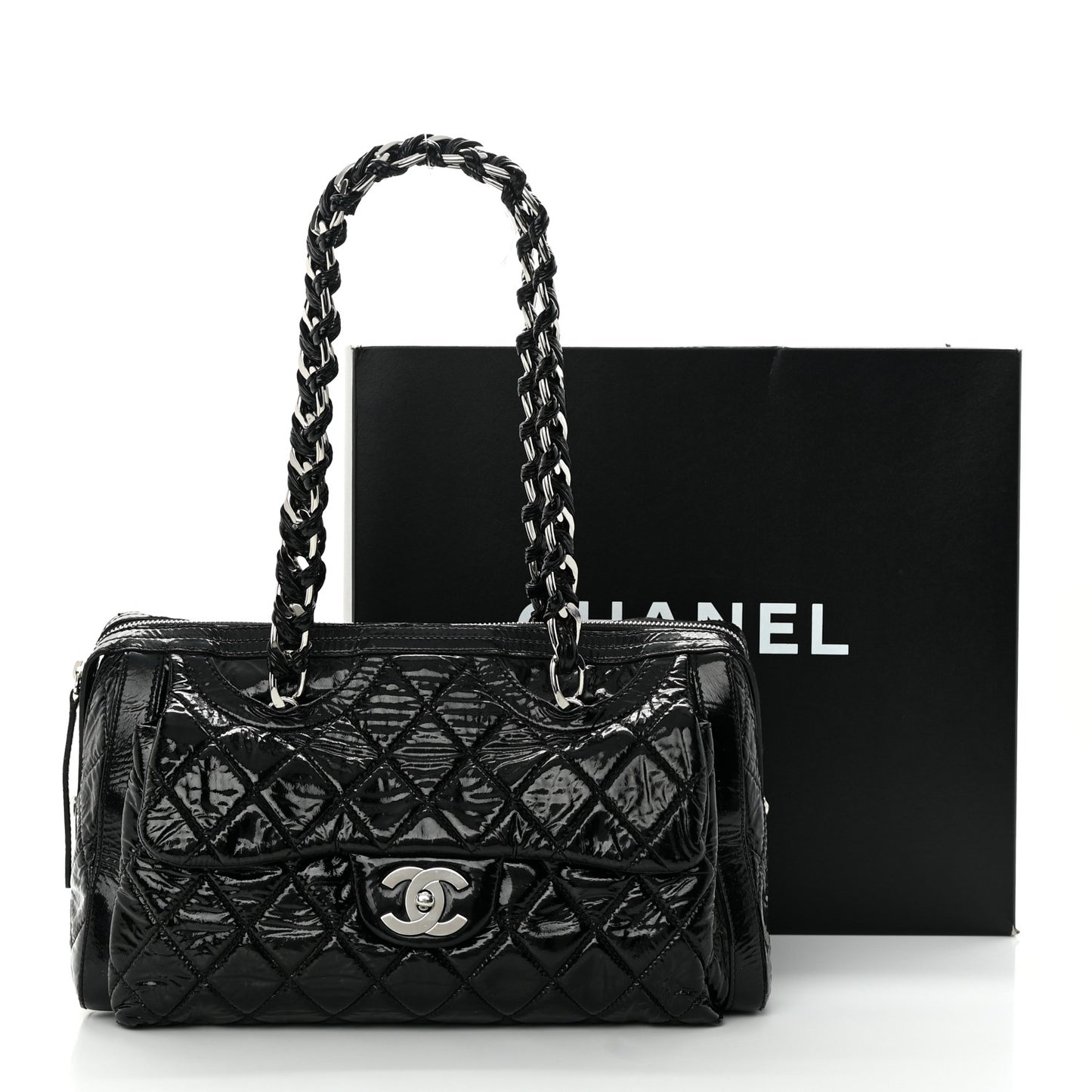 Patent Quilted Day Glo Flap Bag Black