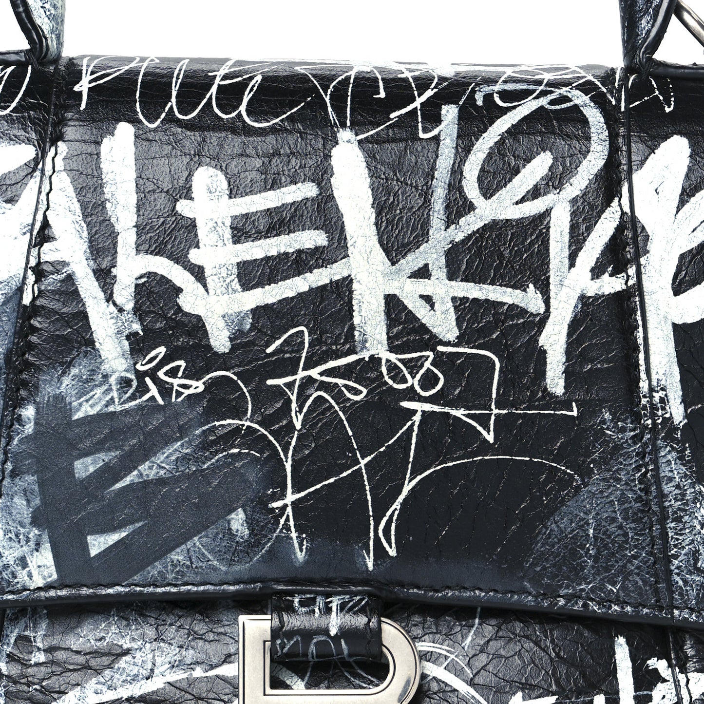 Agneau Graffiti Logo Small Hourglass Top Handle Bag Black