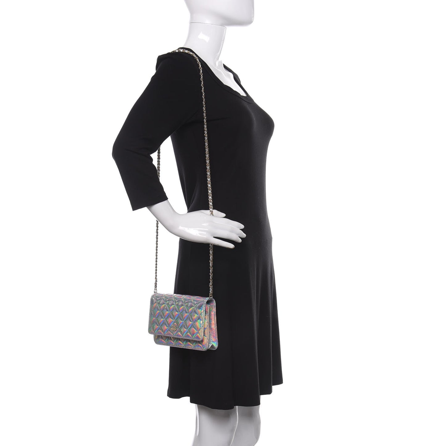 Iridescent Goatskin Quilted Wallet On Chain WOC Silver
