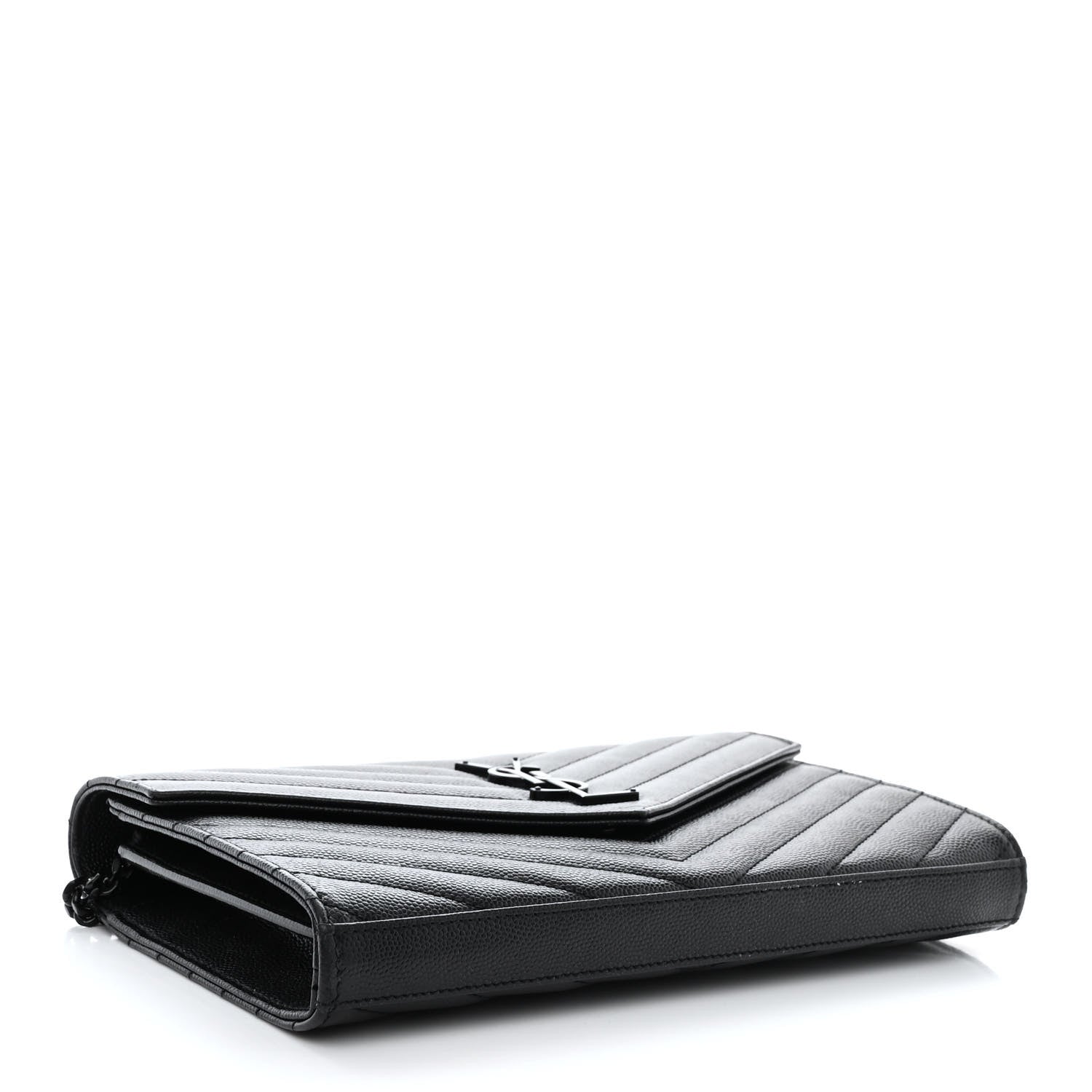 Saint Laurent Grain De Poudre Matelasse Chevron Monogram Monochrome Chain Wallet Black 4 of 10